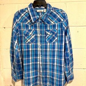 Back in the Saddle women’s blue plaid button up shirt